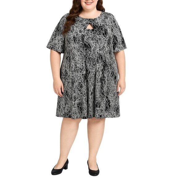 Avenue Womens Plus Size 26/28 Black White Abstract Print Keyhole Dress - Picture 1 of 9